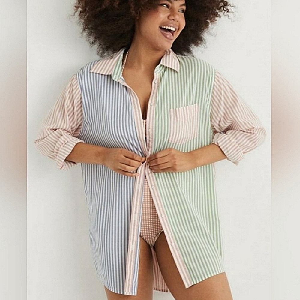 aerie Pastel Striped Button-Up Swim Coverup in Blue, Pink, Green